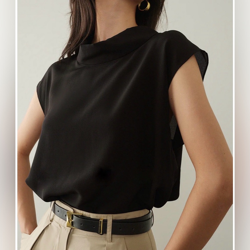 Commense Black Cap Sleeve Draped Neck Blouse